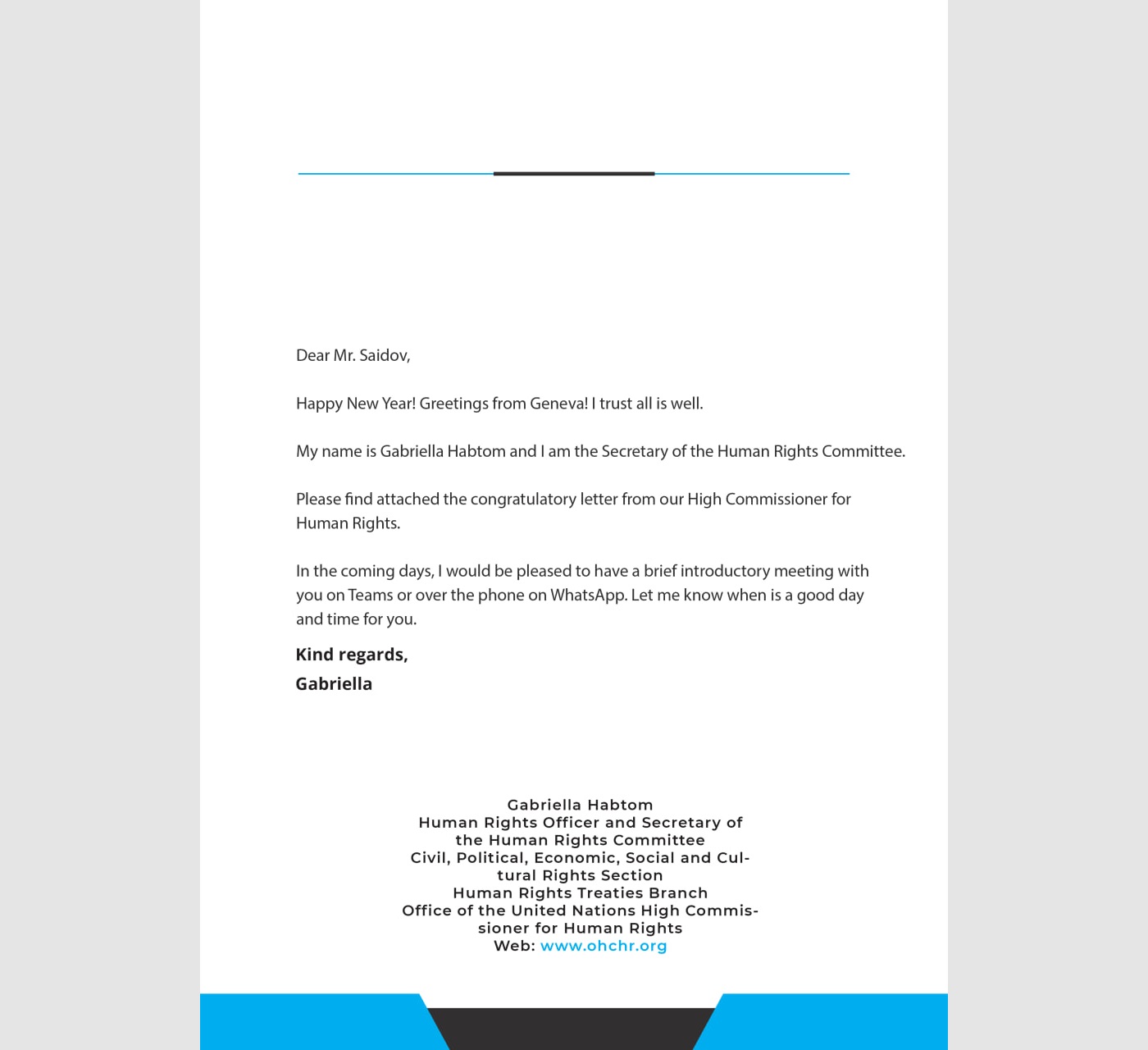 Secretary of the UN Human Rights Committee sent a congratulatory message to the Director of the National Center for Human Rights