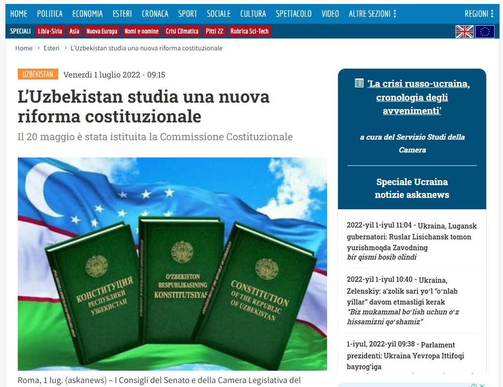 Akademik Akmal Saidovning konstitutsiyaviy islohotlarga bag‘ishlangan maqolasi Italiyada e’lon qilindi