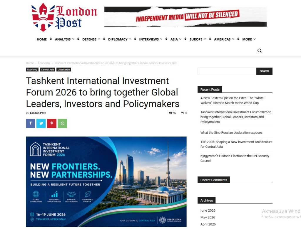 Toshkent xalqaro investitsiya forumi xorijiy nashrlar nigohida